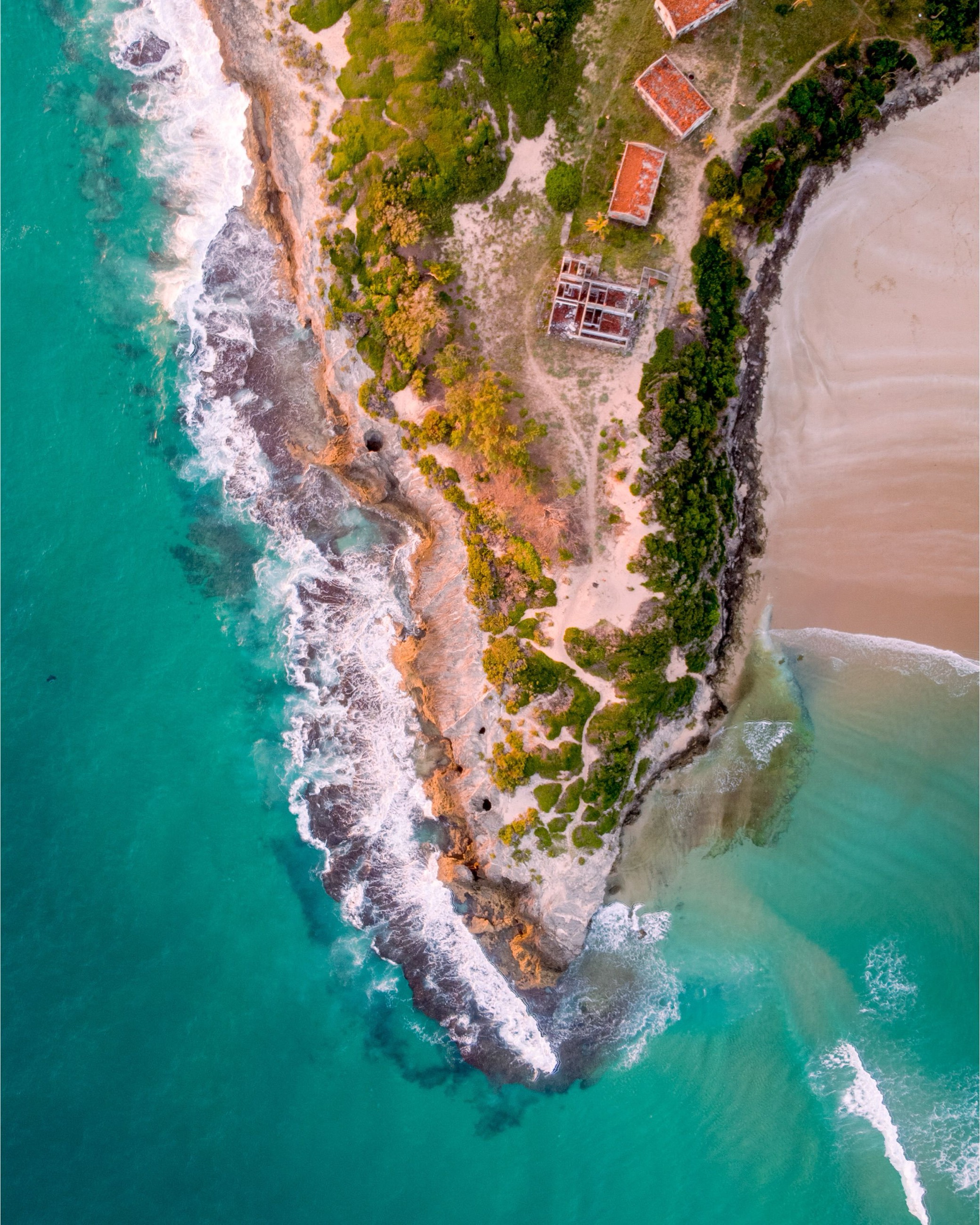 Aerial view of a green island headland with old ruins above the waves